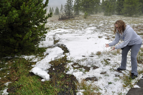 Karen Duquette playing in the hail